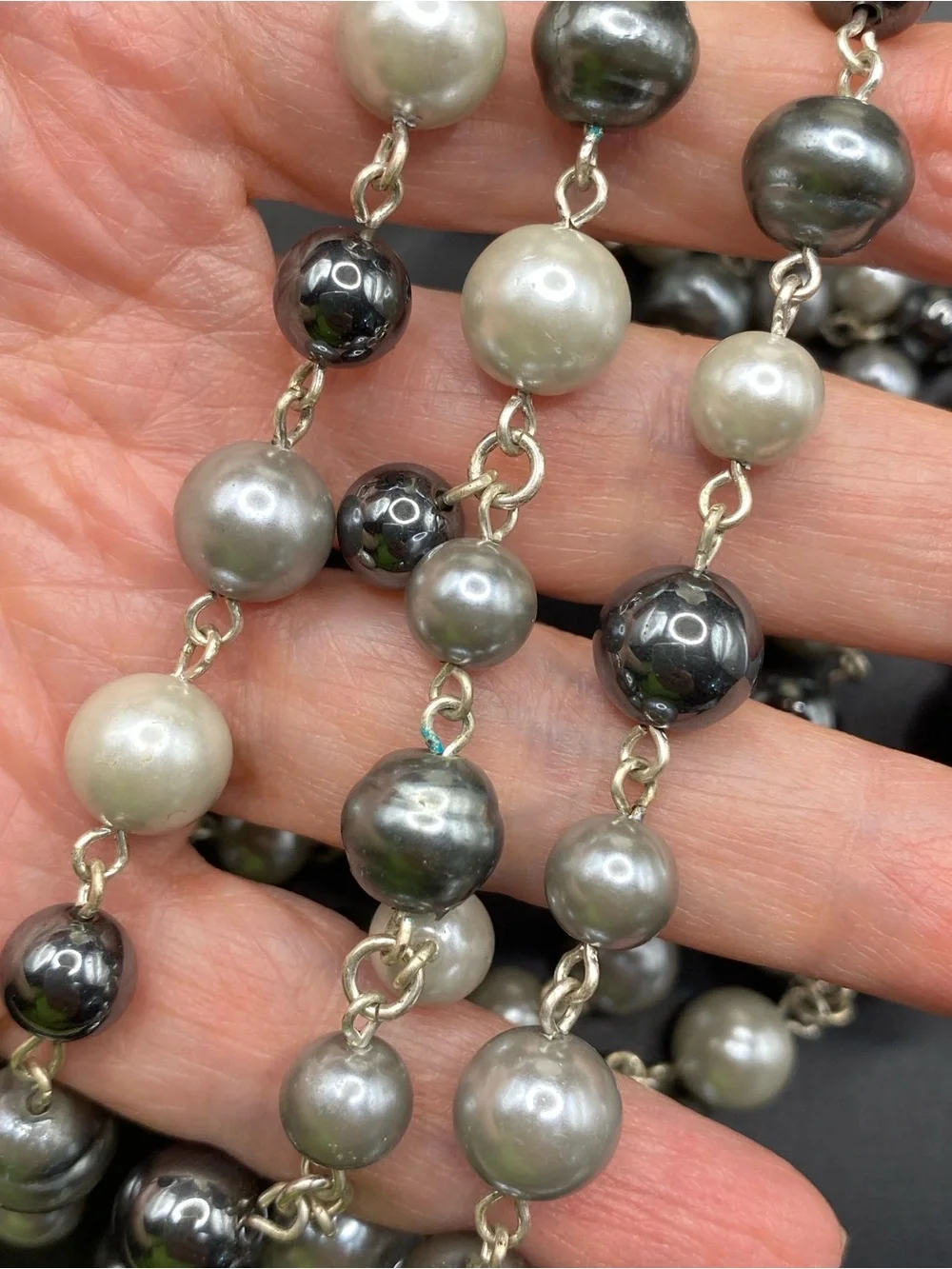 Triple Strand Pearl & Glass Beads Necklace Shades Of Gray
